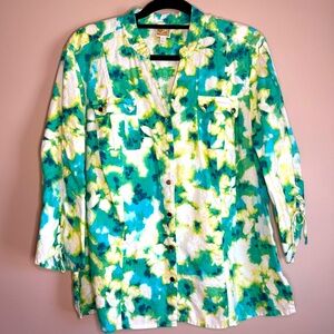 JM Collection linen abstract button blouse shirred tie sleeve boho SZ/16